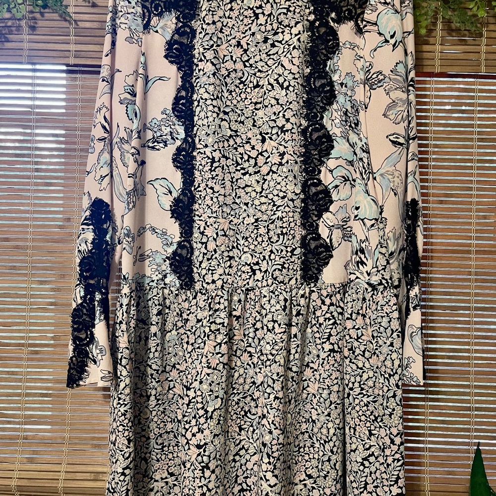 Floral black and pink flapper style dress with black lace.